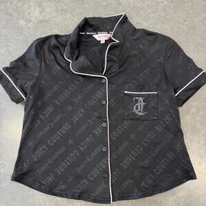 Vintage Y2K Juicy Couture Black Printed Logo Mcbling Button Up Pajama Top S